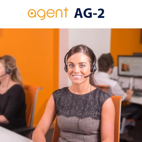 Woman wearing a headset in an office setting with 'agent AG-2' branding.