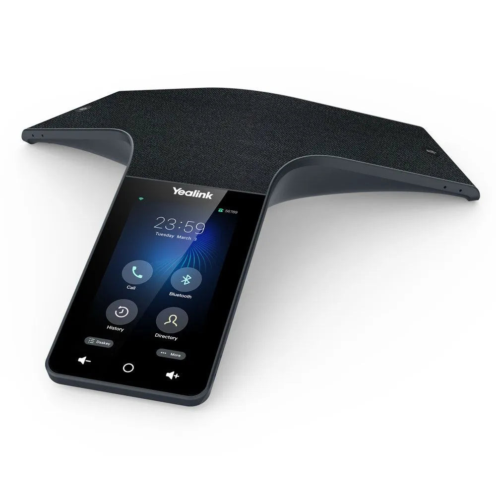 Yealink conference phone with display on a white background
