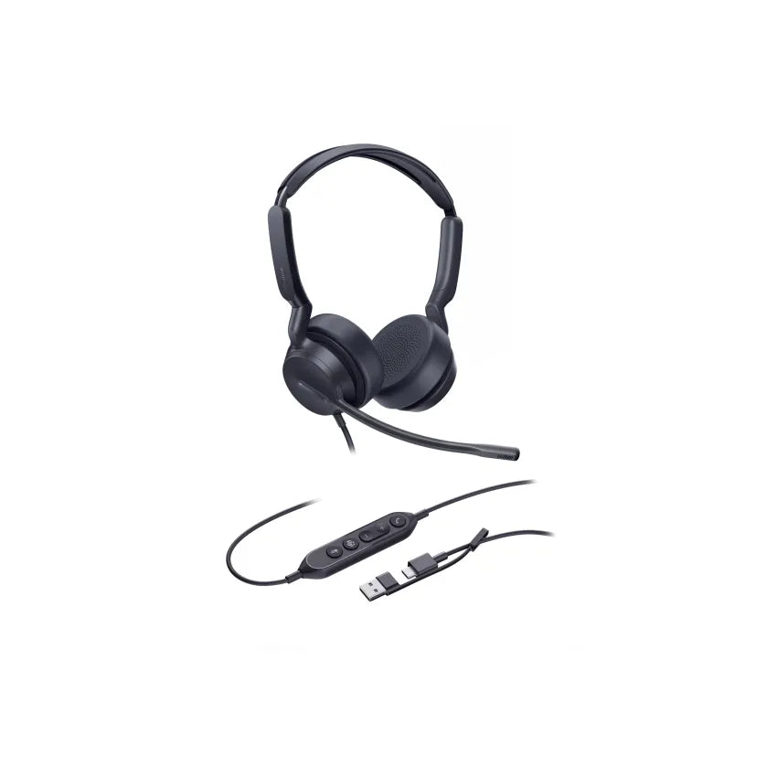 Black Yealink UH42 headset with USB cable on a white background