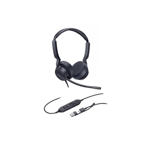 Black Yealink UH42 headset with USB cable on a white background