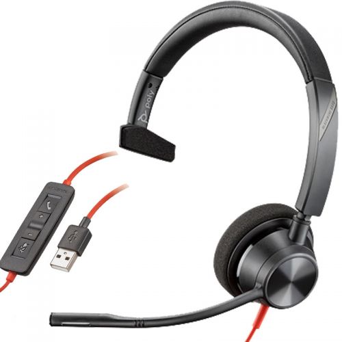 side view Poly Blackwire 3310-M USB Headset with switch unit