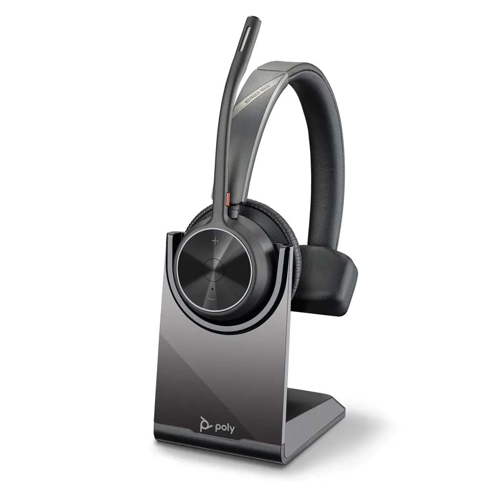 Poly Voyager 4310 Bluetooth Headset on Charging Stand