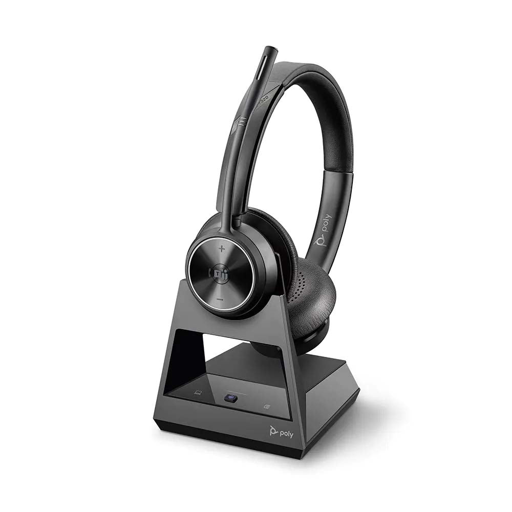 Poly Savi 7320 OFFICE Stereo Headset on stand